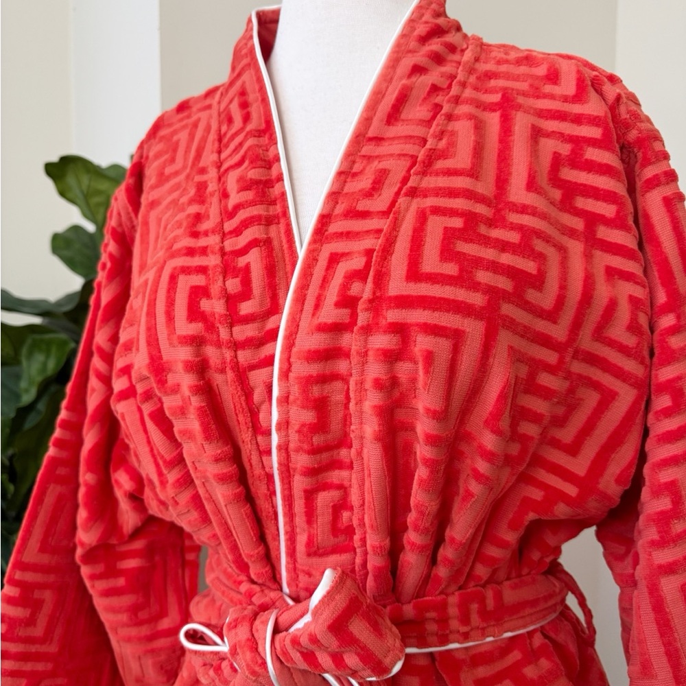 Orange Red Textured Velvet Bath Robe - Picture 5 of 13